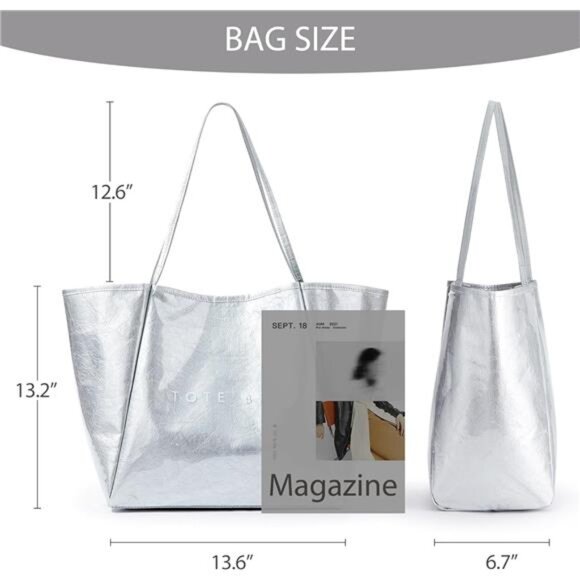 Women’s Large PVC Silver Tote Bag Oversized Shopper Handbag with Shoulder Straps - Picture 7 of 8